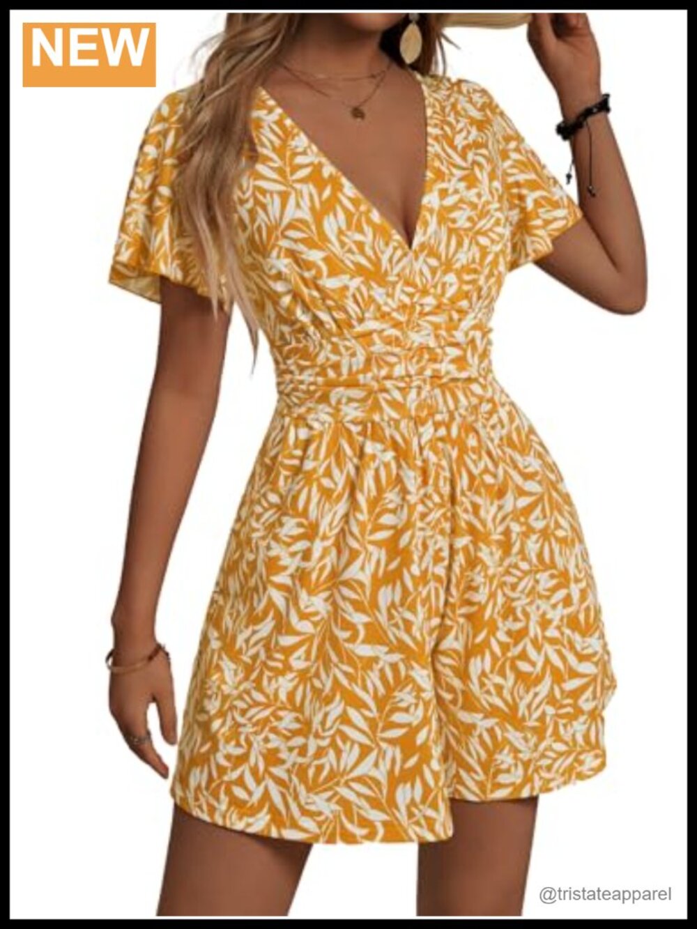 Womens Floral Romper Back Lace Up V Neck Ruffle Sleeve Wide Leg Pockets